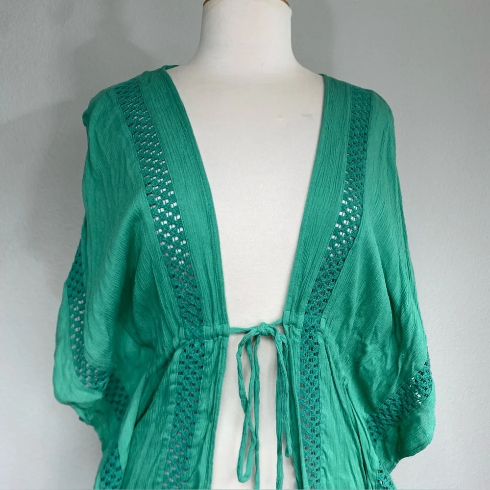 Elan Women’s Green Gauzy Rayon Crochet Tie Front Kimono Size XS Beach Tropical